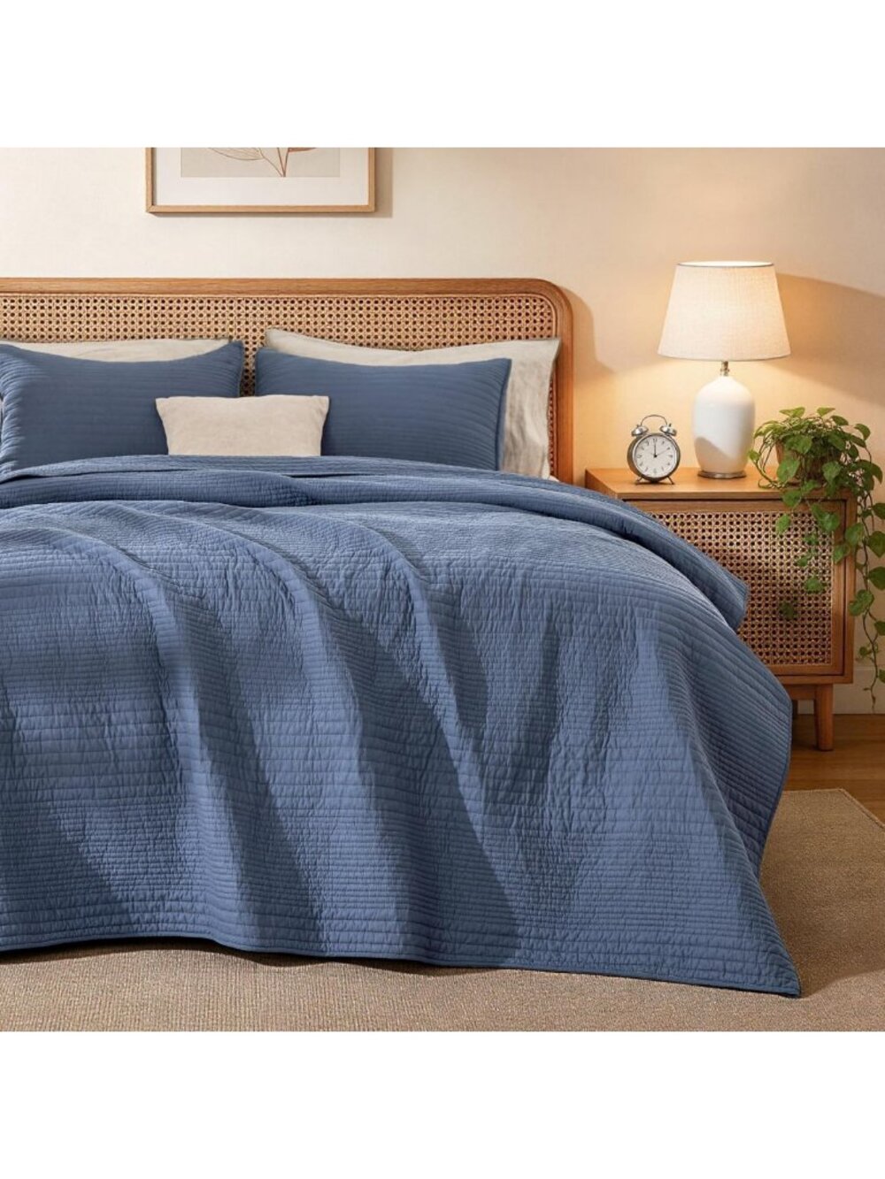 Queen Size Cotton Quilt Set - Lightweight Striped Coverlet & 2 Pillow Shams